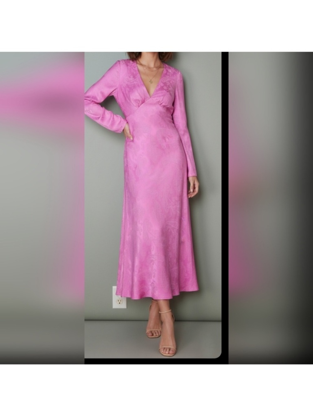 Zara Pink Long Sleeve V-Neck Midi Dress